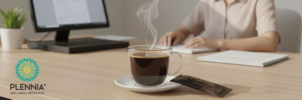 Café caliente en una oficina, promoviendo bienestar y salud en el ambiente laboral. Personaje trabajando con documentos y computadora en un entorno profesional.