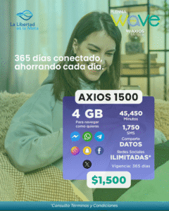 - Disfruta de una imagen con una mujer sonriendo usando un teléfono móvil en un ambiente moderno y luminoso, promoviendo la conectividad con el plan AXIOS 1500.