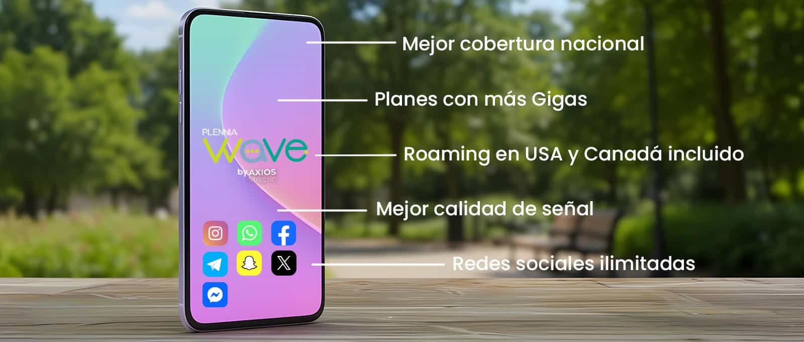 Pantalla de teléfono móvil promocionando plan de telefonía móvil Plennia Wave con mejor cobertura y roaming internacional, en un entorno natural.