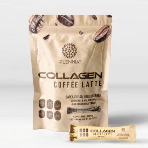 Arándanos secos y café en paquete de Collagen Coffee Latte de Plennia, suplemento para salud y bienestar, con ingredientes como colágeno, biotina y ácido hialurónico, ideal para belleza y cuidado personal.