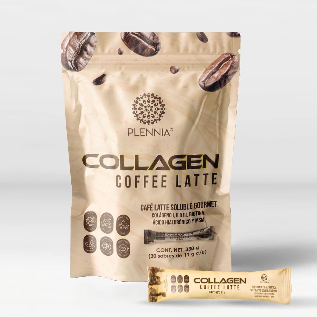 Arándanos secos y café en paquete de Collagen Coffee Latte de Plennia, suplemento para salud y bienestar, con ingredientes como colágeno, biotina y ácido hialurónico, ideal para belleza y cuidado personal.