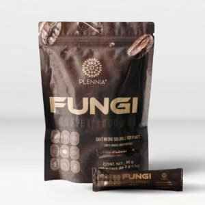 Fungi café negro soluble gourmet con 9 hongos adaptógenos y beneficios para la salud, en presentación de 90 g, ideal para promover bienestar y energía natural.